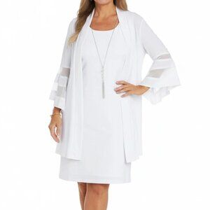 NWT R&M Richards Womens White Bell Sleeve Jacket Dress Necklace Set Size 12